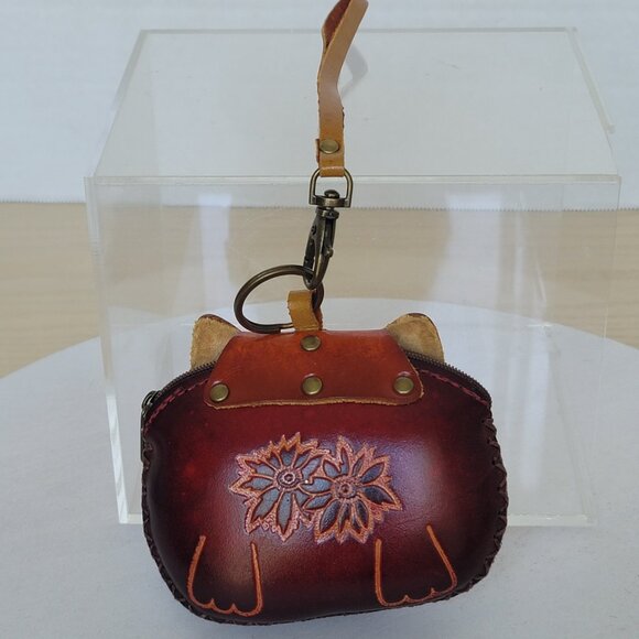Leather Cat Kitty Face With Fish Charm Handcrafted Wristlet Coin Change Pouch - Picture 5 of 16